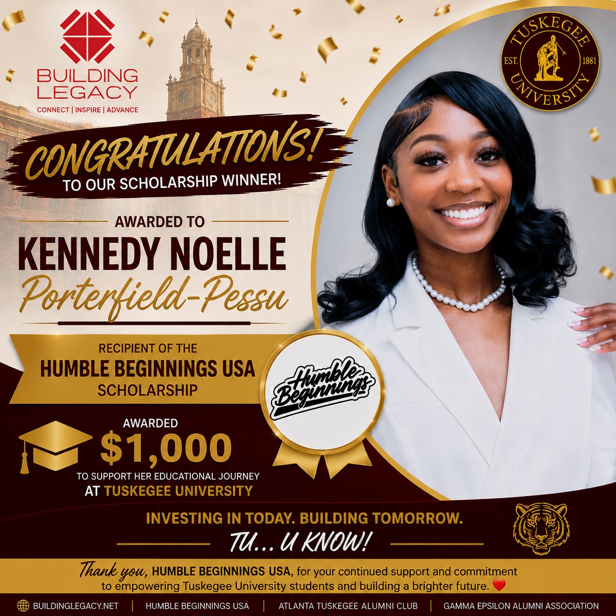 Scholarship announcement honoring Kennedy Noelle Porterfield-Pessu
